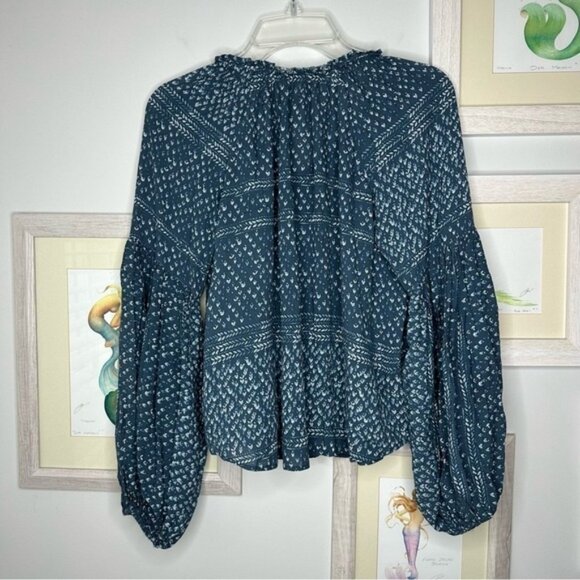 Lovestitch Teal & White Long Balloon Sleeve Peasant Top Women’s Size Small - Picture 5 of 8